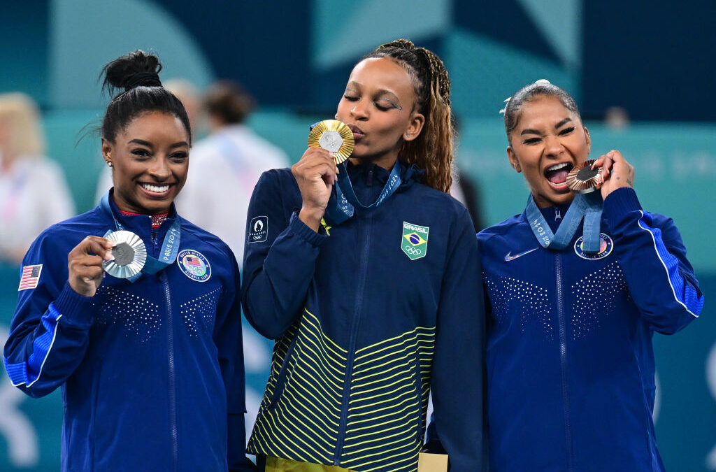 #BlackGirlMagic: Rebeca Andrade, Simone Biles & Jordan Chiles Sweep The Medals For Floor Excercise After Competing To Tracks By Beyoncé​