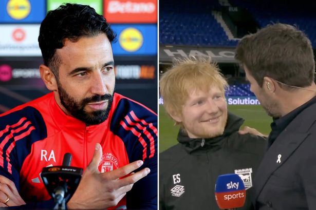 Ruben Amorim responds to Ed Sheeran gatecrashing Sky Sports interview with Roy Keane dig​